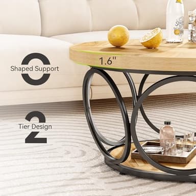LITTLE TREE Coffee Table for Living Room, 31.5" Round Wood Center Table, Farmhouse Large Circle Coffee Tables with 2-Tier Storage, Modern Simple Brown Tea Table - Image 4