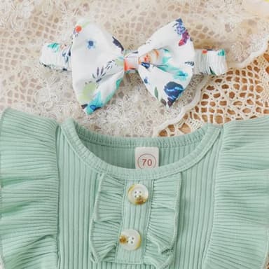 LUNFEGO Newborn Baby Girl Clothes Outfits Ruffle Romper and Short Pants with Headband Infant Bodysuits for Baby Girls 3-6 Months - Green - Image 6