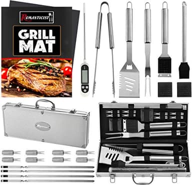 ROMANTICIST 23pcs Must-Have BBQ Grill Accessories Set with Thermometer in Case - Stainless Steel Barbecue Tool Set with 2 Grill Mats for Backyard Outdoor Camping - Father's Day Best Barbecue Gift - Image 1