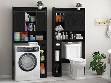 Over The Toilet Storage Cabinet, Farmhouse Storage Cabinet Over Toilet with Sliding Doors & Toilet Paper Holder Stand，Home Space-Saving Toilet Rack, for Bathroom, Laundry and Restroom.Black - Image 7