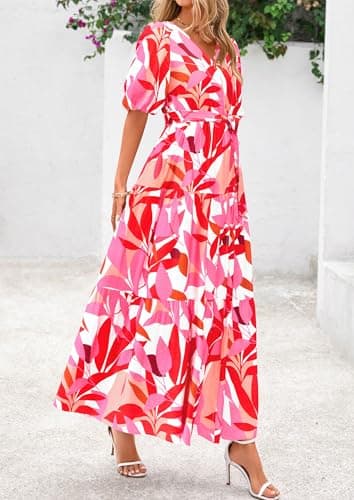 PRETTYGARDEN Women's Summer Maxi Dress 2025 Resort Wear Boho Floral V Neck Puff Short Sleeve Ruffle Flowy Beach Long Dresses(Floral White Rose Red,X-Large) - Image 4