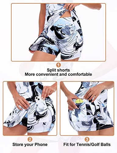 Tennis Dress for Women Sleeveless Golf Dresses with Built in Shorts, Pockets Stand Collar Zip Up Quick Dry for Athletic Sports Marble Print Grey-Small - Image 4