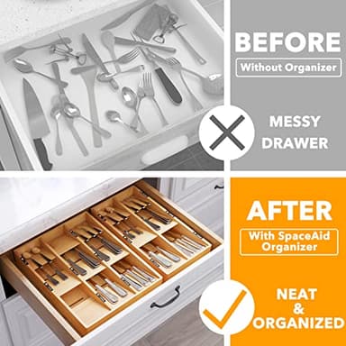 SpaceAid Bamboo Silverware Drawer Organizer with Labels, Kitchen Utensil Tray Holder Organizer for Flatware, Cutlery, Spoon and Knives Drawer Storage Organization (Natural, 6 Slots) - Image 2