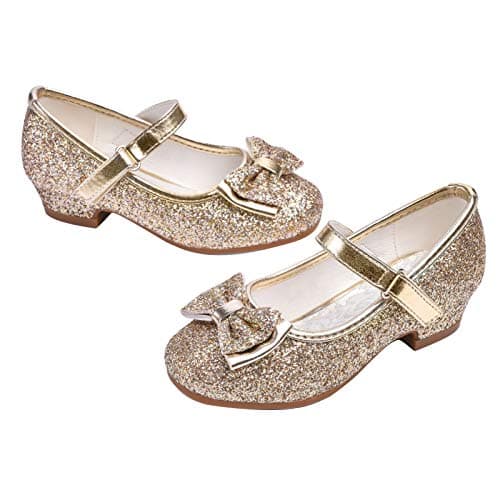 Stelle Girls Dress Shoes Glitter Princess Shoe Flower Mary Jane Low Heels Party Wedding Prom Footwear for Toddler Kids(T08-Gold, 12ML) - Image 1