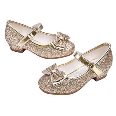 Stelle Girls Dress Shoes Glitter Princess Shoe Flower Mary Jane Low Heels Party Wedding Prom Footwear for Toddler Kids(T08-Gold, 12ML) - Image 1