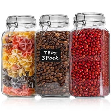 ComSaf Airtight Glass Jars with Lids 78oz Set of 3, Food Storage Canister Square - Storage Container with Clear Preserving Seal Wire Clip Fastening for Kitchen Canning Flour, Cereal, Pasta, Beans - Image 1