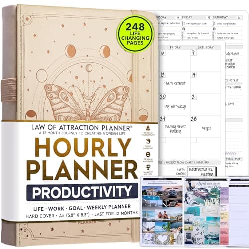 Hourly Planner - Undated Weekly & Monthly Planner, 12-Month Journey to Increase Productivity | Gratitude Journal, Life Organizer & Goal Journal | Include Foldable Vision Board, Habit Tracker & Sticker - Image 1