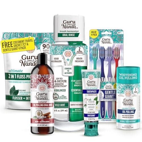GuruNanda Gum Hygiene Makeover Kit with Ashwagandha & Cocomint (Travel Size) Oil Pulling, Neem Toothpaste, Breath Harmonizer Mouthwash, 2-in-1 Floss Picks & Whitening Toothbrushes - Image 1