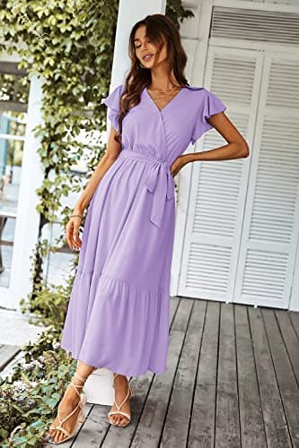 PRETTYGARDEN Women's Summer Floral Boho Dress Wrap V Neck Short Sleeve Ruffle A-Line Flowy Maxi Wedding Guest Dresses (Solid Purple,X-Large) - Image 6