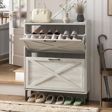 Maupvit Shoe Storage Cabinet with 2 Flip Drawers, Freestanding Organizer with Metal Legs for Entryway, Narrow Shoe Rack Cabinet, Beige - Image 1