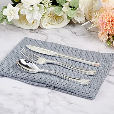 FOCUSLINE 300 Pack Silver Plastic Cutlery Set - 100 Forks, 100 Knives, 100 Spoons - Disposable Flatware Heavy Duty Plastic Silverware Set for Catering, Parties, Dinners, Weddings - Image 4