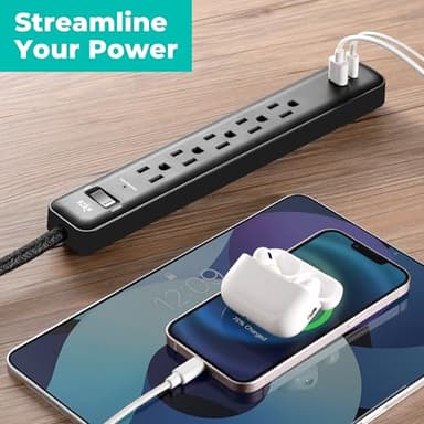 KMC 5-Outlet Surge Protector Power Strip, 1 USB-A & 1 USB-C Port, 840J Surge Protectors, 6ft Braided Extension Cord, Flat Plug, Black Power Strip Surge Protector, ETL/UL Certified Power Strips, Black - Image 6