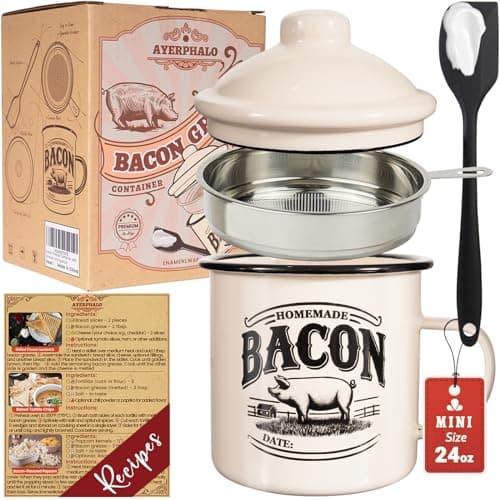 Bacon Grease Container with Strainer - With Food-Grade Silicone Spatula, 24oz Enamel Rustic Farmhouse Fat Container, Keeper, Recipes, Dishwasher Safe - Image 1