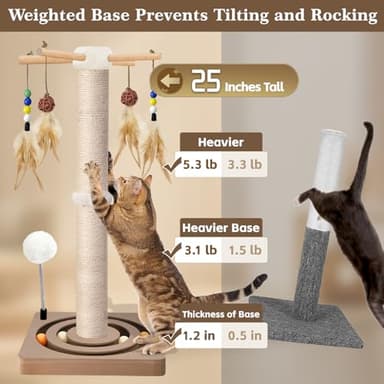 Cat Scratching Post, Sisal, Interactive Furniture Toys for Indoor Cats Adults, 2 Mounting Methods Scratcher Tree Tower with Hanging and Ball Track, Activity Center for Kitten, 25 inches - Image 2