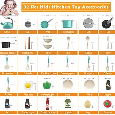 Bruvoalon 32Pcs Kids Play Kitchen Toys Set, Toddlers Pretend Cooking Playset Acccessories with Pots Pans, Utensils Cookware, Foods, Canned Veges, Learning Gift for Kids Girls Boys (Green) - Image 3