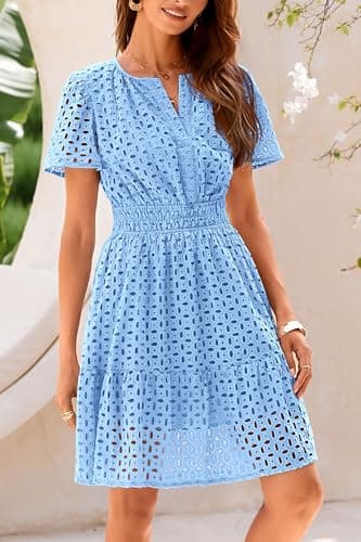 PRETTYGARDEN Womens 2025 Summer Short Dress V Neck Short Sleeve A Line Hollow Out Lace Ruffle Cute Casual Beach Party Dresses (Light Blue,Large) - Image 5