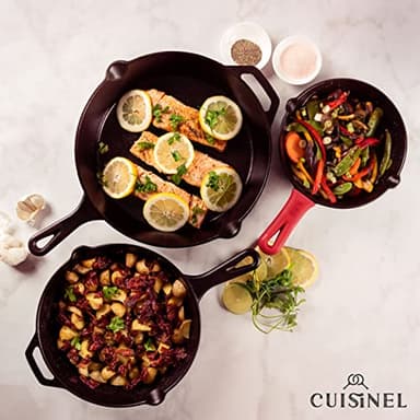 Cuisinel Cast Iron Skillet Set - 8" + 10" + 12"-Inch Pre-Seasoned Frying Pans + Silicone Handle Grip Covers - Use Indoor/Outdoor, Oven, Grill, Stove, BBQ, Fire, Induction - Kitchen/Camping Cookware - Image 5