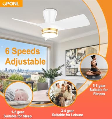 OPONL 30" White low profile Ceiling Fan with Light, with Gold Trim Ring, Large Air Volume, flush mount ceiling fan for Bedroom Kitchen Dining room Patio - Image 2