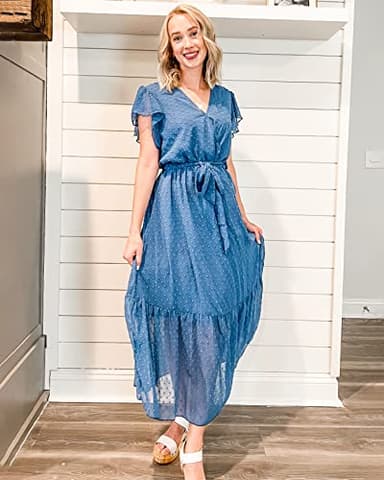 BTFBM Women Summer Bohemian Floral Casual Wrap V Neck Ruffle Cap Sleeveless Belt A-Line Pleated Hem Swing Midi Sun Dress (Swiss Dot Grey Blue, l) - Image 6