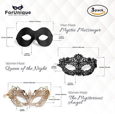 Masquerade Mask for Couples Women and Men - 3 Pack Venetian Gold and Black Lace, Mardi Gras Mask - Image 7