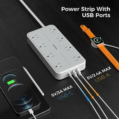 TESSAN Power Strip Surge Protector, Flat Plug Extension Cord with 8 Outlets 3 USB Charger(1 USB C), 1080 Joules Protection, Wall Mountable Charging Station for Home Office School Dorm Room Essentials - Image 4