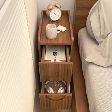 Narrow Fluted Nightstand Set of 2, Wooden Small 2 Drawer Nightstand, Slim Side End Table, Vintage Bedside Table, Mid Century Modern Night Stand with Drawers, for Living Room, Bedroom, Walnut - Image 4