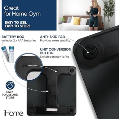 iHome Digital Scale, Bathroom Scale, Batteries Included, Scale Body Weight, Weight Scale, Bathroom Scales for Weight, Digital Scales for Body Weight (Black) - Image 4