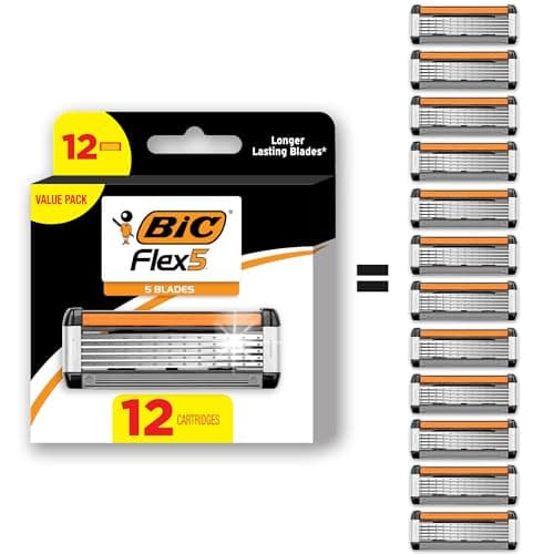 BIC Flex 5 Refillable Refill Razor Cartridges for Men, Long-Blade Razors for a Smooth and Comfortable Shave, 12 Refill Cartridges
