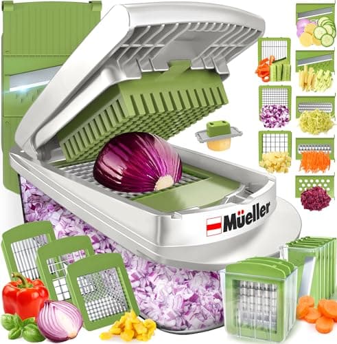 Mueller Pro-Series 10-in-1, 8 Blade Vegetable Chopper, Onion Mincer, Cutter, Dicer, Egg Slicer with Container, French Fry Cutter Potato Slicer, Home Essentials, Salad Chopper White Sand/Green - Image 1