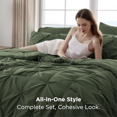 Bedsure Queen Comforter Set Olive Green - Bed in a Bag Queen Size 7 Pieces, GentleSoft™ Pintuck Bed Set Gift for Family, Pinch Pleat Olive Green Comforter with Sheets, Pillowcases & Shams - Image 4