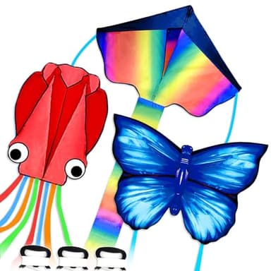 Simxkai 3 Pack Kites-Rainbow Delta Kite, Red Octopus, Blue Butterfly, Easy to Fly for Kids & Adults - Image 1