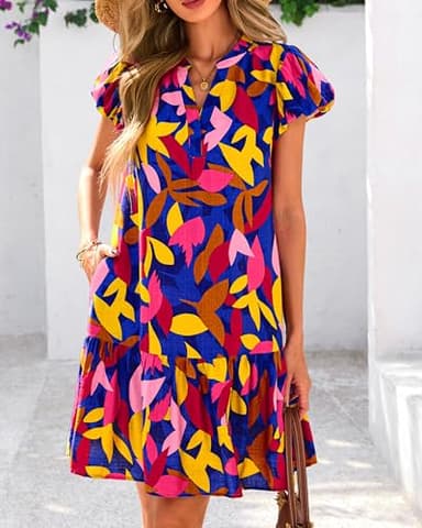 dowerme Womens Summer Dresses 2025 Puffy Sleeve V Neck Loose Floral Print A Line Boho Mini Babydoll Dress with Pockets(Blue Floral,Medium) - Image 8