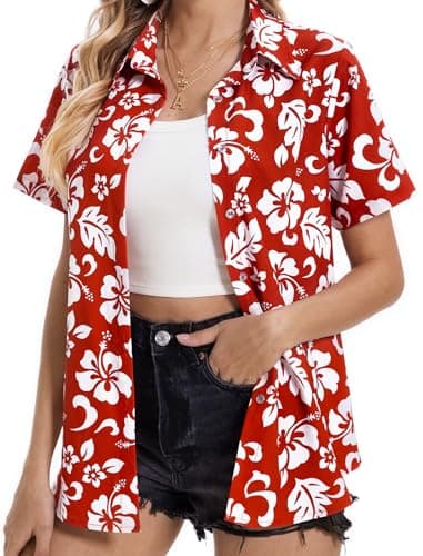 Hawaiian Shirts for Women, Summer Tropical Shirts Womens Floral Tops Beach Button Up Shirts for Women Luau Outfits Hawaii Short Sleeve Blouses for Ladies, Aloha Shirt for Party, Flower Red, Small - Image 4