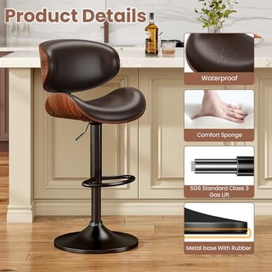 YaFiti Swivel Bar Stools for Kitchen Counter, Adjustable Bentwood Barstools, Modern PU Leather Upholstered Bar Stool with Back and Footrest, for Bar, Kitchen, Dining Room (Brown 1PCS) - Image 5