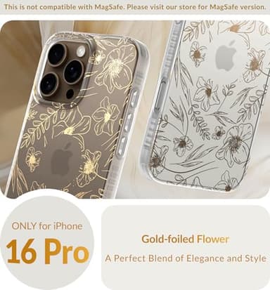 LONLI Hue Case for iPhone 16 Pro - [360° Shock-Absorbent Bumper] - [Cute and Unique Phone Cover for Girls and Women] - Gold Floral - Image 2