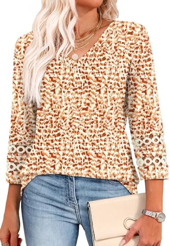 Womens Tops 3/4 Sleeve Blouses for Women Business Casual V Neck T Shirts Beach Vacation Clothes Eyelet Orange Dot XXL - Image 1