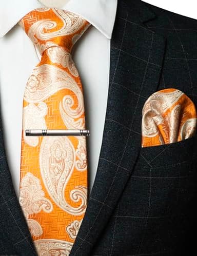 RBOCOTT Mens Orange White Paisley Tie and Pocket Square With Tie Clip Set for Business Wedding(28) - Image 3