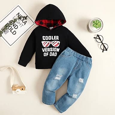 YALLET 2T 3T Toddler Baby Boy Clothes Fall Winter Outfit Sets Long Sleeve Letter Hoodies Top+Ripped Denim Pants 2pcs - Image 5