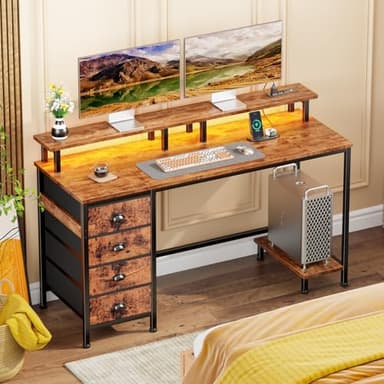 Furologee 47" Computer Desk with 4 Fabric Drawers & Monitor Stand, Gaming Desk with Power Outlets - LED Lights, Home Office Space-Saving Study Table for Bedroom Small Spaces (Rustic Brown) - Image 9