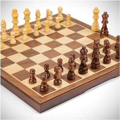 Chess Set Board Games for Adults: Handmade Walnut Wooden 15" 2 Extra Queens Folding Portable Travel Chess Game, Gift idea, Pieces Storage Slots,Instructions - Image 1