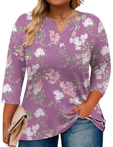 Romanstii Womens Floral Plus Size Shirts 4X 3/4 Sleeve Tops V Neck Summer Tee Loose Spring Blouse Mauve Print 3XL - Image 1
