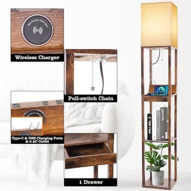 RUNTOP Floor Lamp with Shelves, Shelf Floor Lamp with Wireless Charger & 2 Charging USB Ports & Drawer, AC Outlet, 3 Color Temperature Tall Standing Lamp with Bulb for Living Room, Bedroom, Office - Image 5