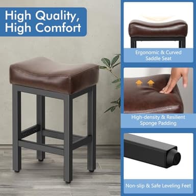 Raynesys Counter Height Bar Stools Set of 2, 24 Inch Barstools for Kitchen Island Counter, Bonded Leather Kitchen Stools with Thick Saddle Seats & Heavy Duty Metal Base, Easy Assembly, Brown/Black - Image 3