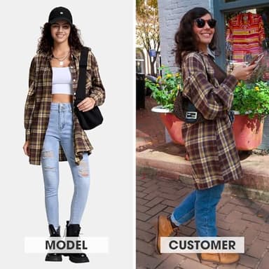 EXLURA Womens Plaid Flannel Shacket Long Sleeve Button Down Shirts Long Jackets Oversized Fall Fashion Outfits 2025 Clothes Yellow Brown - Image 2