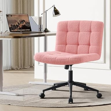 Furnimart Swivel Criss Cross Legged Chair with Wheels for Home Office, Wide Armless Desk Chair Height Adjustable Comfy Seat for Desk,Vanity, Bedroom, Faux Fur Pink - Image 8