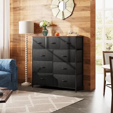 WLIVE 9 Drawer Dresser, Fabric Storage Tower for Bedroom, Hallway, Closet, Tall Chest Organizer Unit for Bedroom with Fabric Bins, Steel Frame, Wood Top, Easy Pull Handle, Black and Rustic Brown - Image 8
