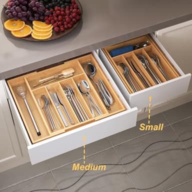 Fibogollo Expandable Kitchen Drawer Organizer,Bamboo Silverware Organizer for Utensils,Adjustable Flatware Tray(14.96 * 11.69~19.68 * 1.96) - Image 6
