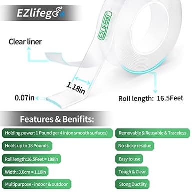 EZlifego Double Sided Tape Heavy Duty(Extra Large 16.5FT), Nano Adhesive Mounting Tape Wall Decor,Sticky Picture Hanging Adhesive Strips Poster Tape - Image 2