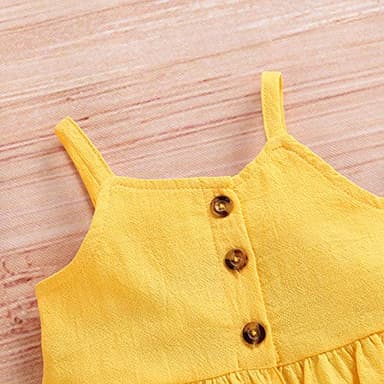 Kucnuzki Toddler Baby Girl Clothes Summer Outfits Ruffle Sleeveless Linen Shirt Kid Short Set for Girl (12-18 Months, Yellow+Black) - Image 6