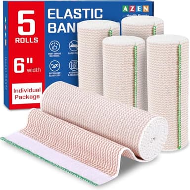 AZEN Premium 5 Pack Elastic Bandage Wrap 6 Inch, Compression Wrap Bandage for Legs, Ankle, Knee, Tummy, Body, Latex-Free, Lymphedema Wraps for Legs - Image 1